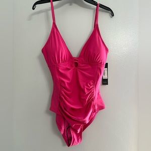 NWT Nicole Miller Gathered Deep-V Keyhole Neckline One piece Swimsuit Pink M